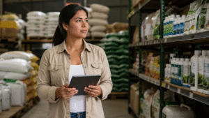 Mujer realizando el control de lotes de insumos agrícolas en Versat ERP agro Mujer realizando el control de lotes de insumos agrícolas